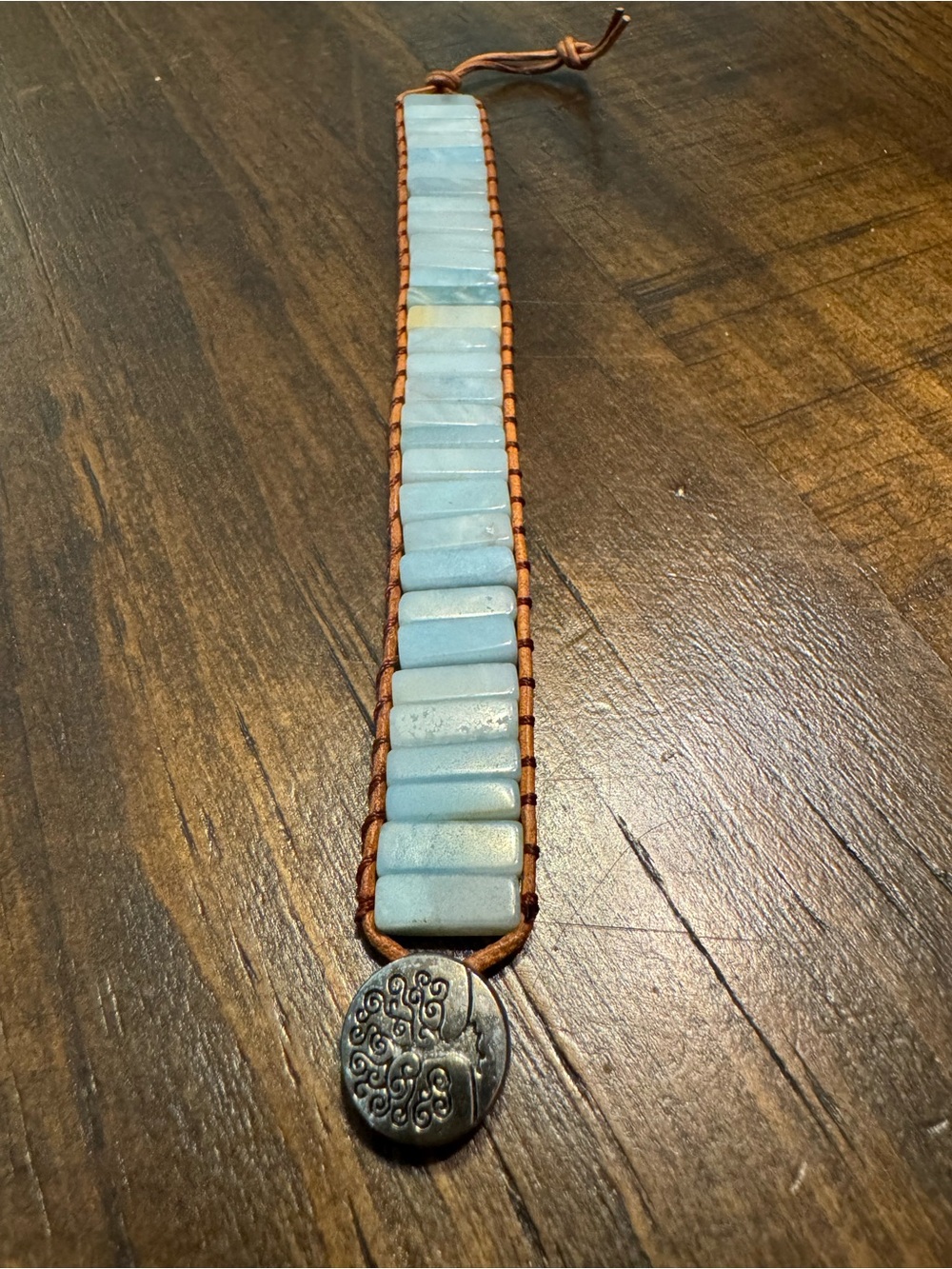 Handmade Light Blue Amazonite Beads with Leather Bracelet with Decorative Button